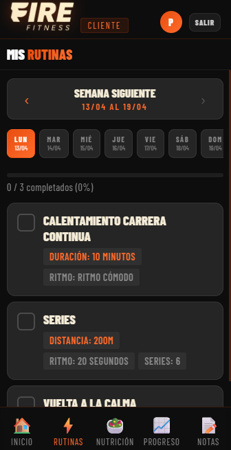 App FireFitness - pantalla de entrenamiento personalizado