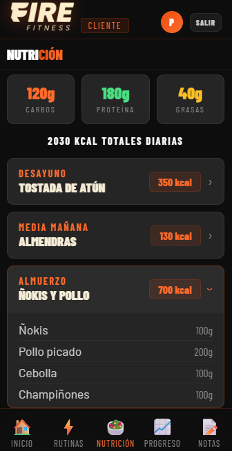 App FireFitness - seguimiento nutricional y macros